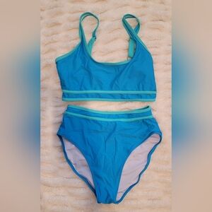 High-Waist Two-Piece Blue Swim Bikini with Mint Trim